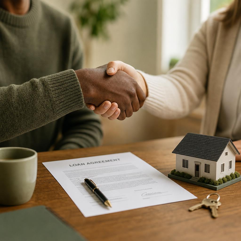 Two people shaking hands over a signed loan agreement