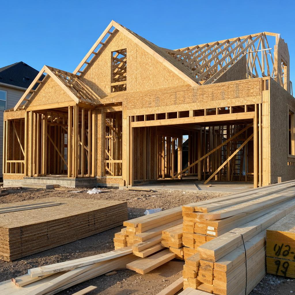Home construction site with wooden framing