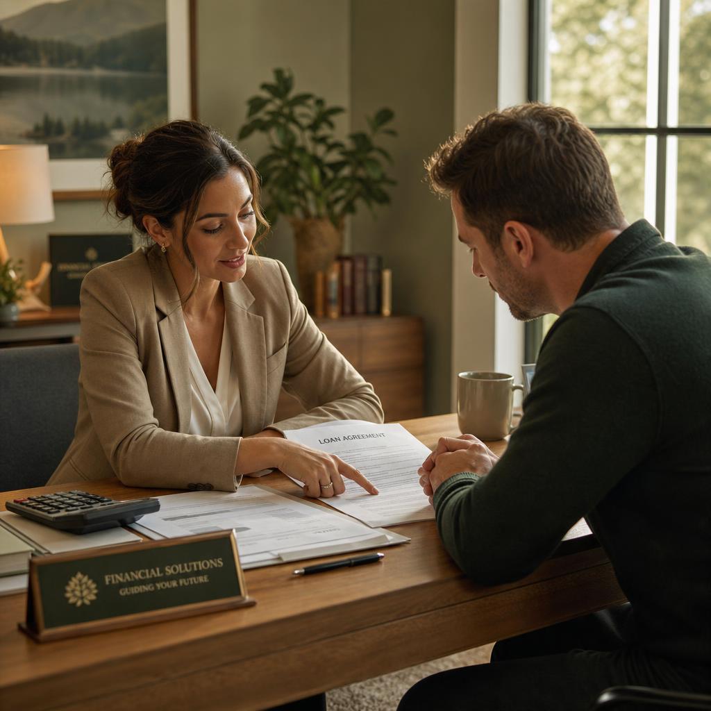 Two people reviewing loan paperwork across a desk