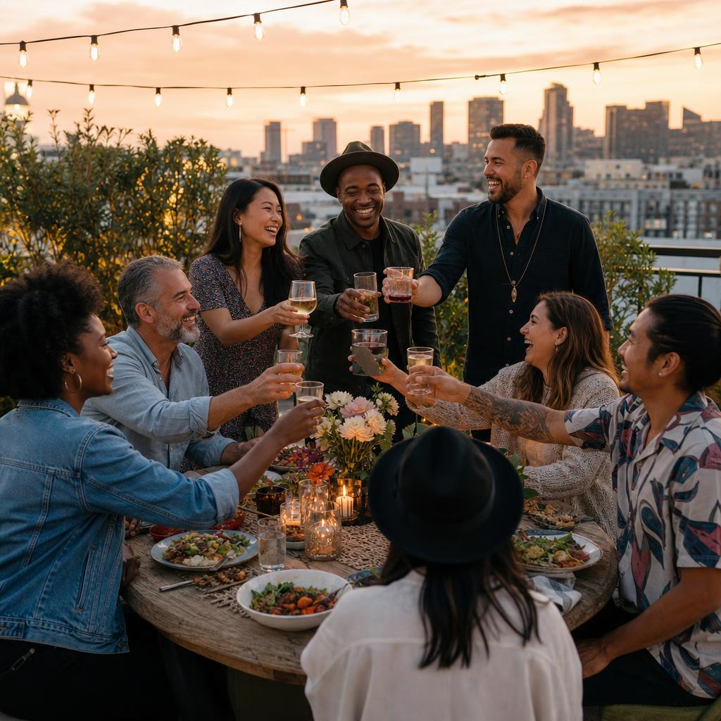 A multicultural group of friends sharing a rooftop dinner