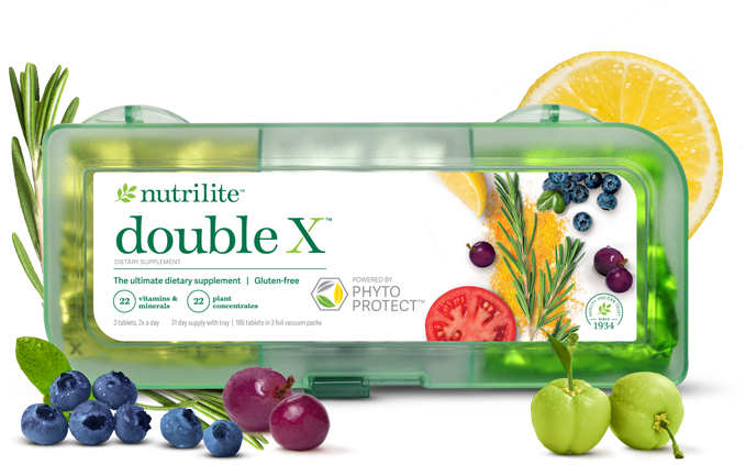 Nutrilite Double X dietary supplement case with fruits and vegetables