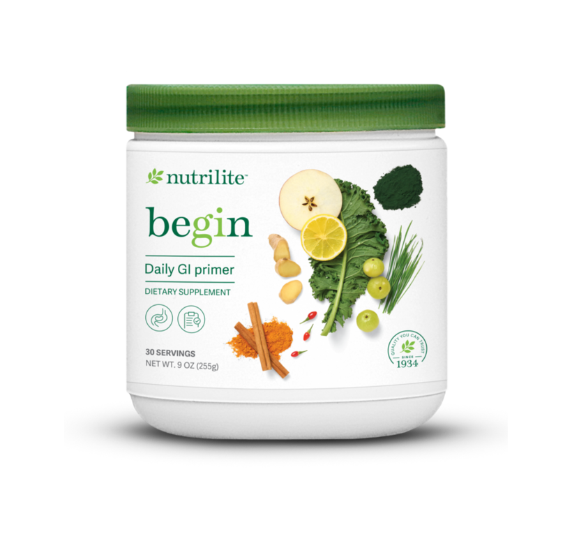 Nutrilite Begin Daily GI Primer drink mix tub with fruits, greens, and spices