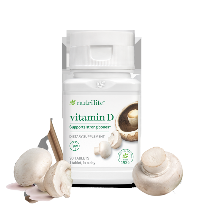 Nutrilite Vitamin D supplement bottle with mushrooms