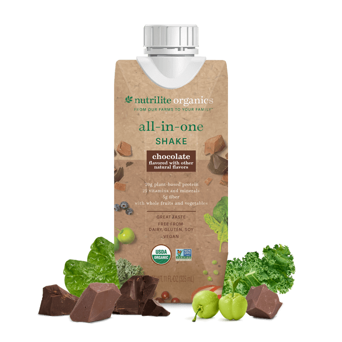 Nutrilite Organics All-in-One Shake chocolate carton with cacao, fruits, and vegetables