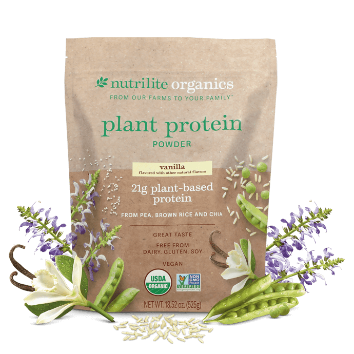 Nutrilite Organics Plant Protein Powder vanilla pouch with peas, brown rice, and chia