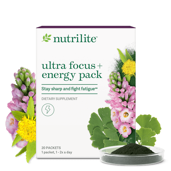 Nutrilite Ultra Focus and Energy Pack supplement box with botanical ingredients