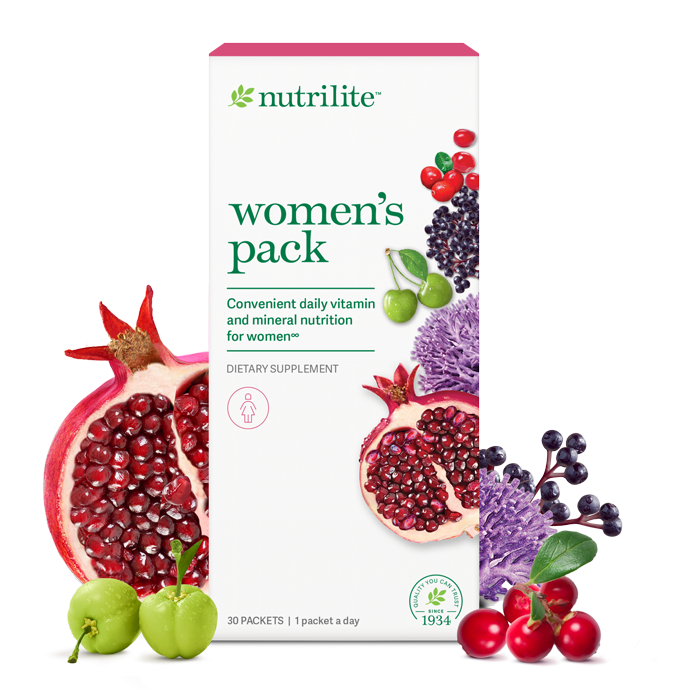 Nutrilite Women's Pack daily vitamin packets box with pomegranate, cherries, and berries