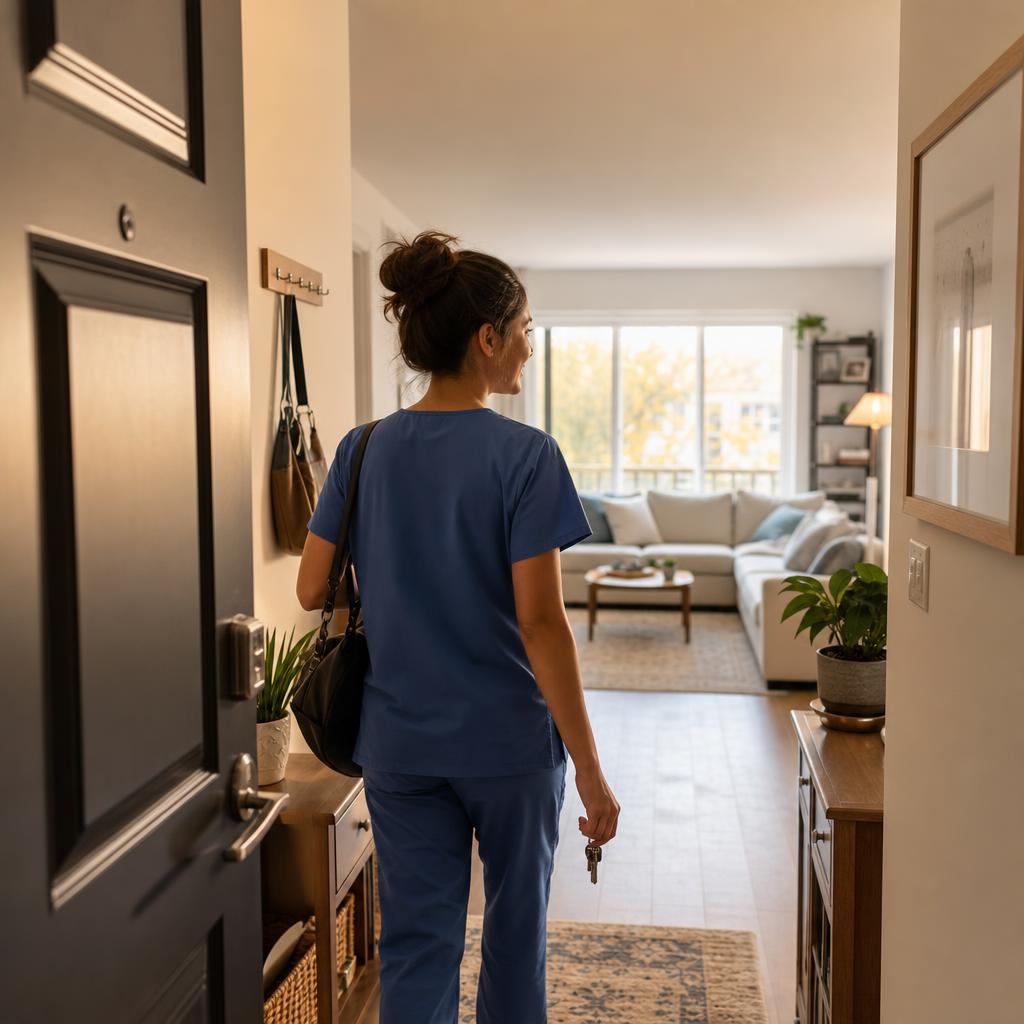 A nurse arriving home to her furnished apartment